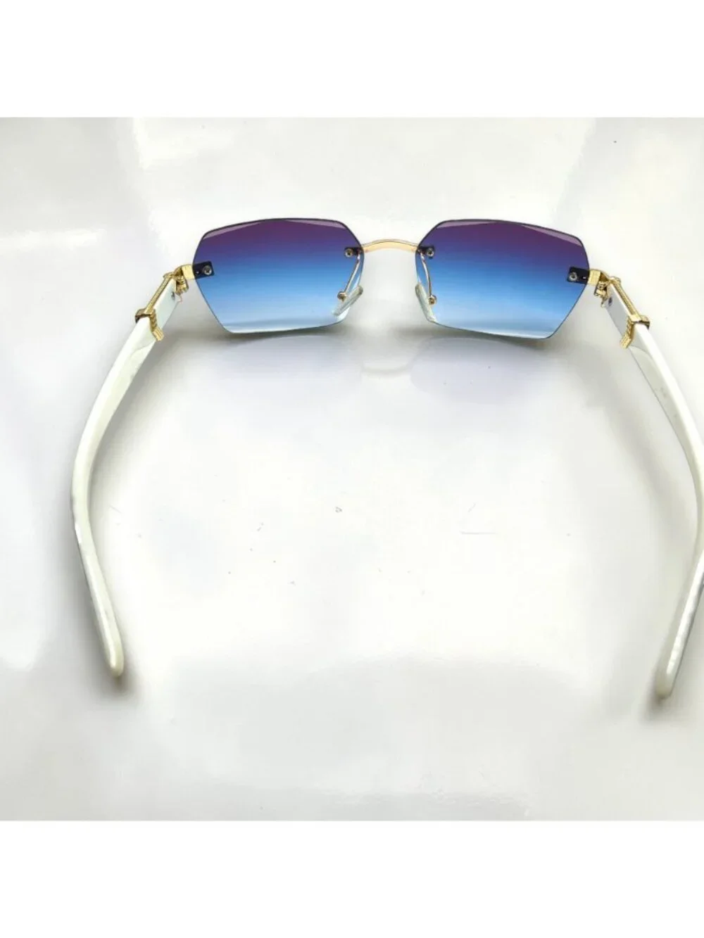 Blue Purple Lens Sunglasses Gold White Frame Y2K Luxe Glam Festival Shades